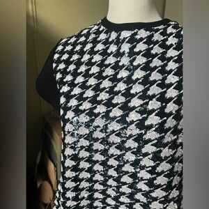 Black & White Sequin Houndstooth Mini Midi Short-Sleeve Straight Shift Dress S